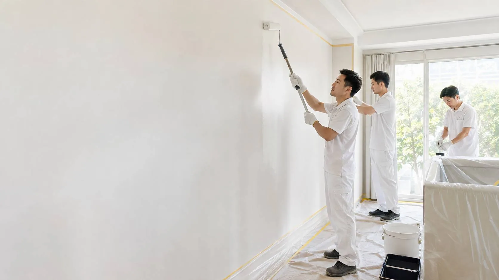 City Painters team repainting a bright Singapore interior together