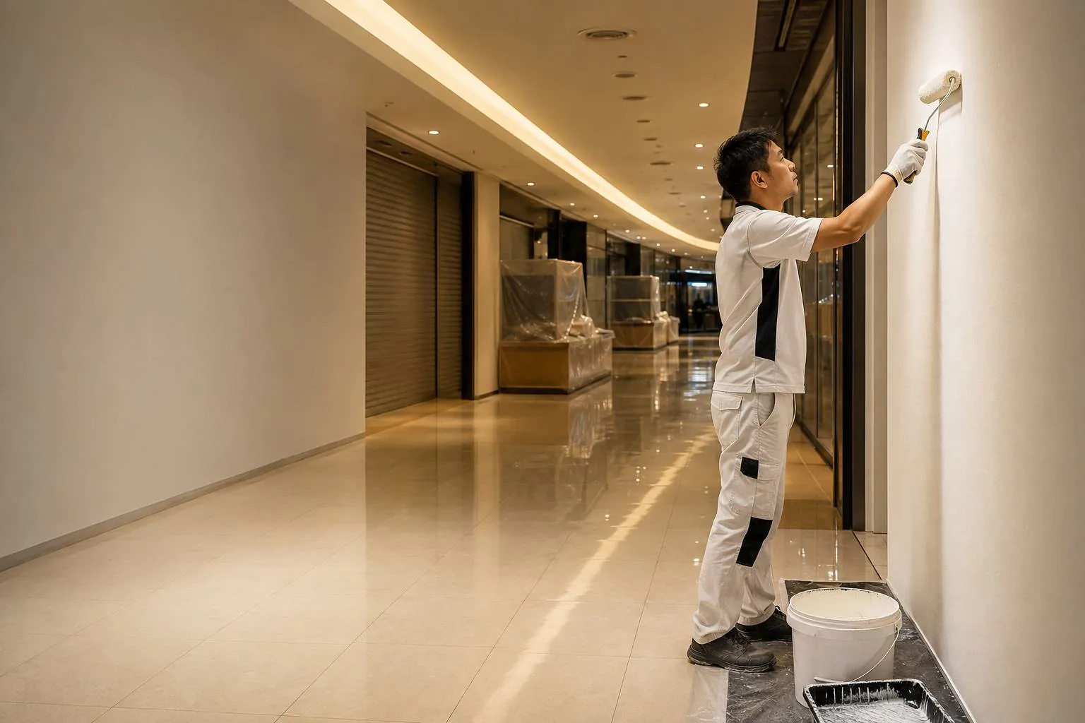 Painter rolling fresh paint on a mall shop-unit wall in Singapore after closing, shutters down and fixtures sheeted
