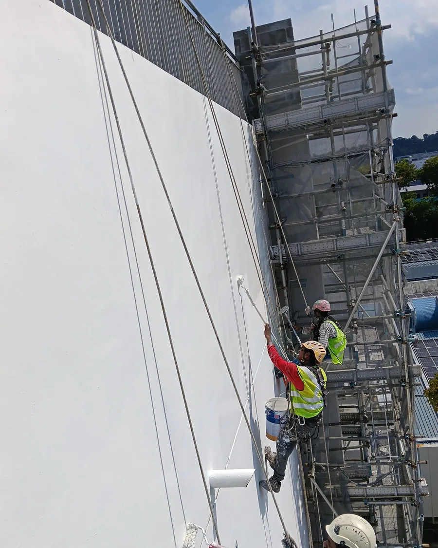 Abseiling painter coating a full-height facade beside external scaffolding