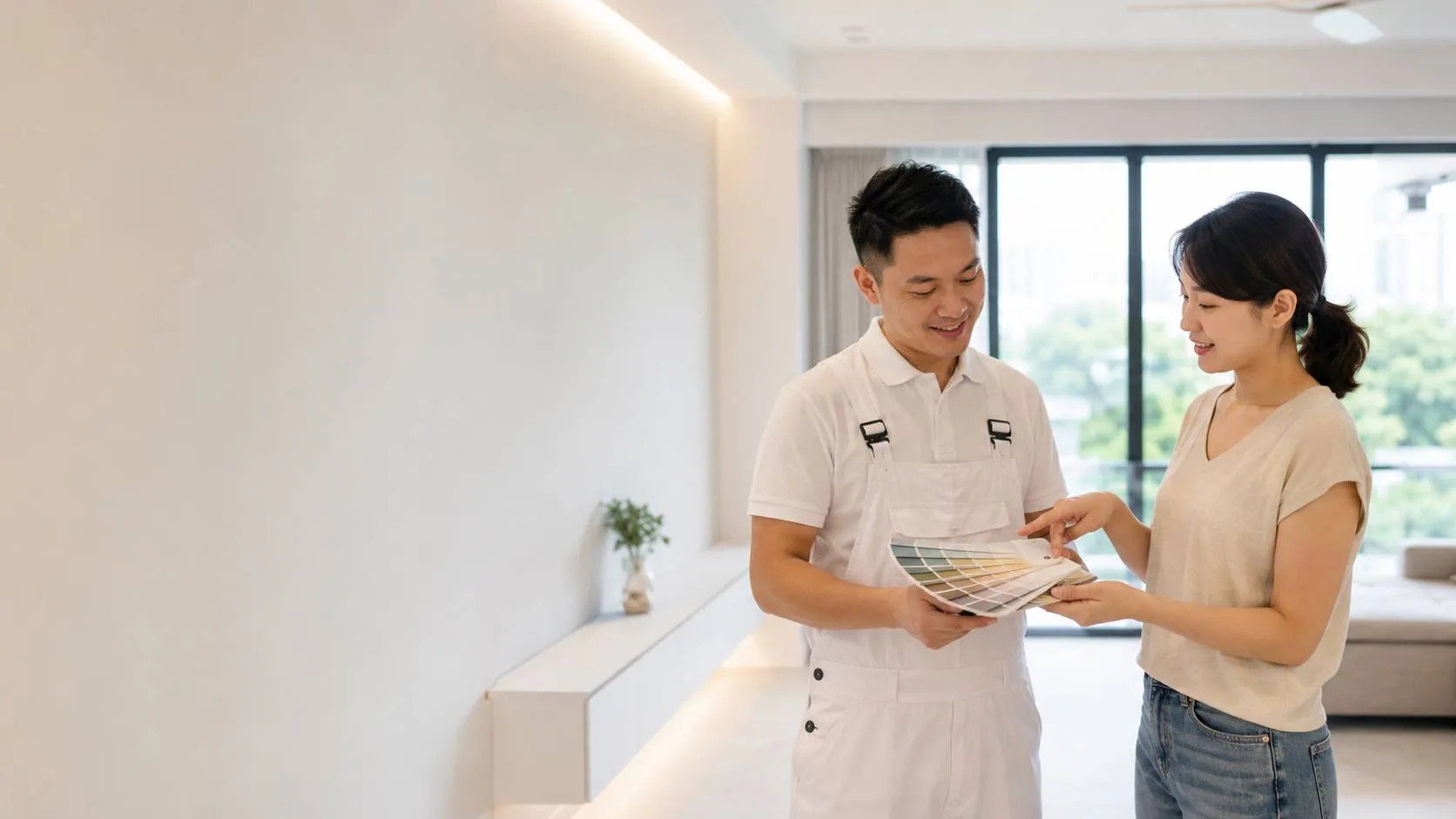 Painter and homeowner reviewing paint colour cards together in Singapore