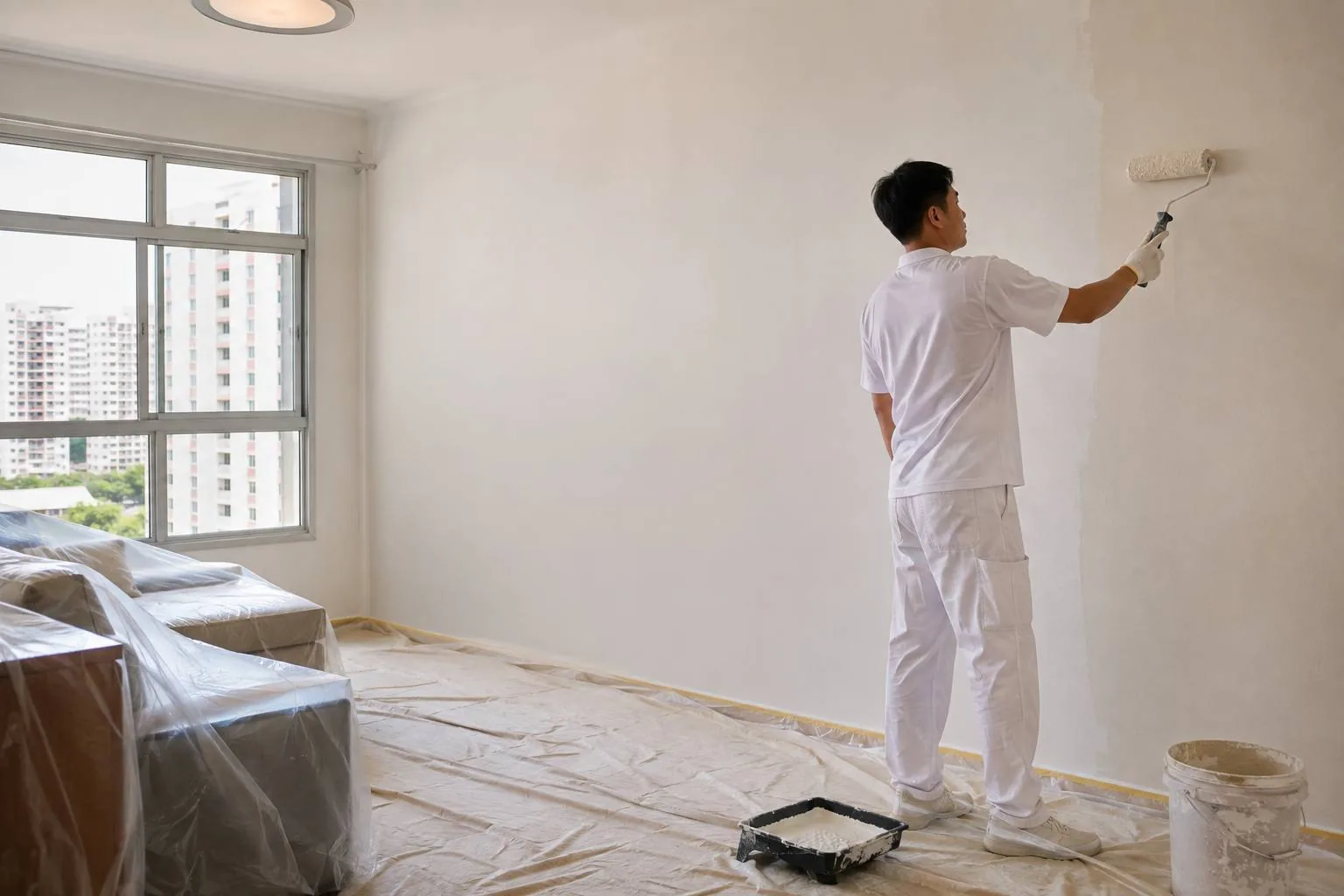 Painter applying a fresh coat of paint inside a Singapore HDB flat