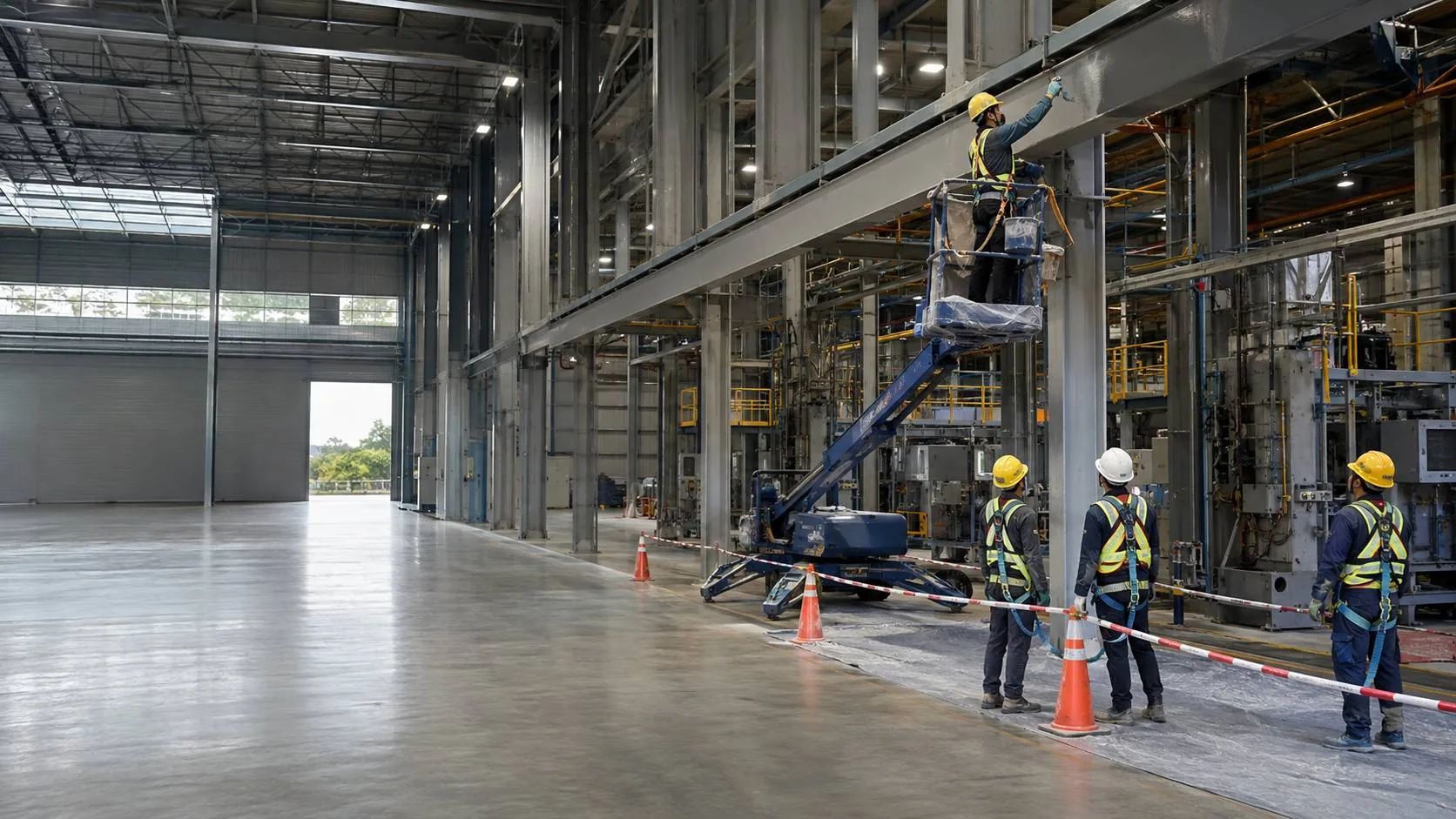 Crew in PPE coating structural steel from a boom lift in a Singapore factory