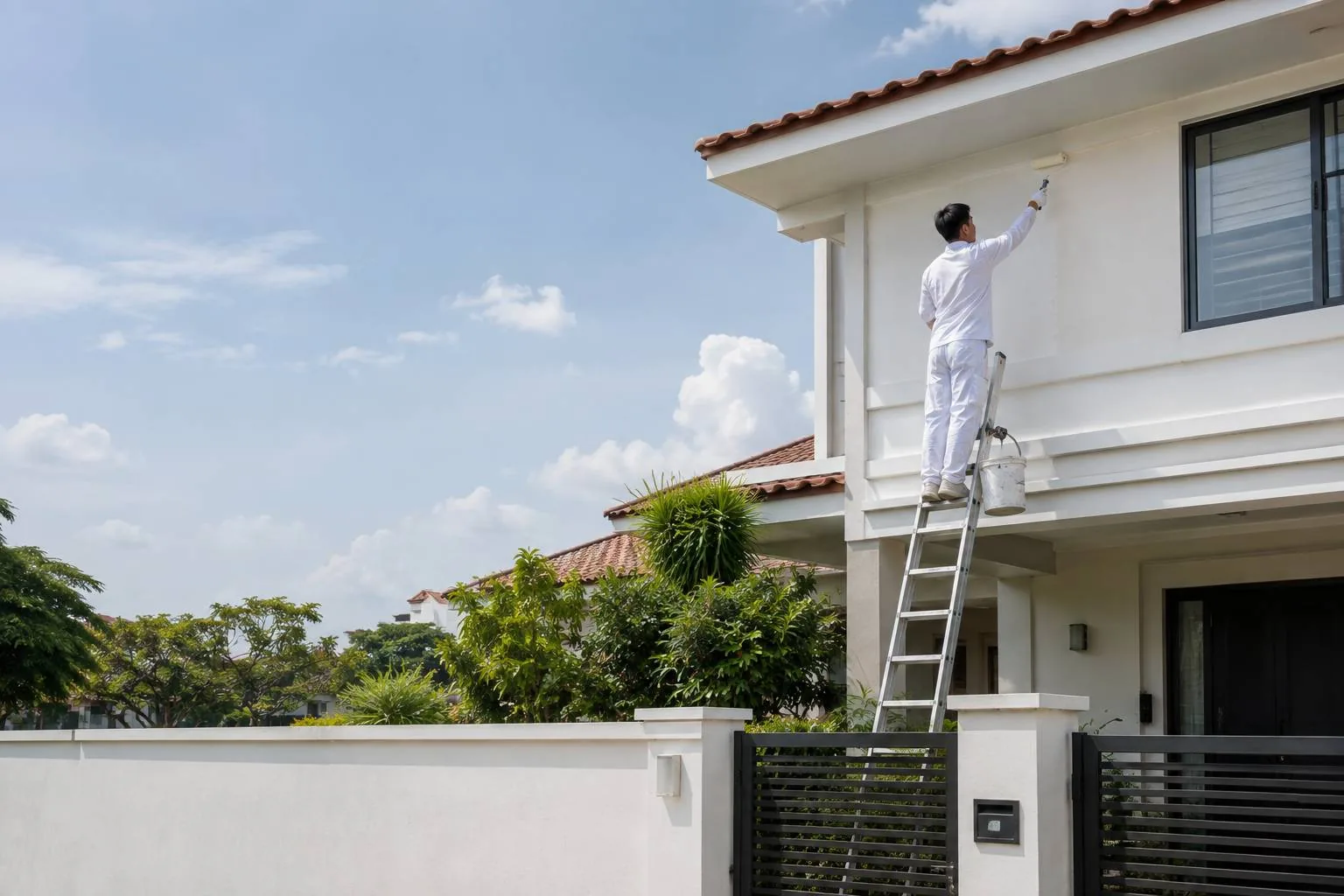 Painter on a ladder applying weather-resistant paint to the exterior facade of a Singapore landed home