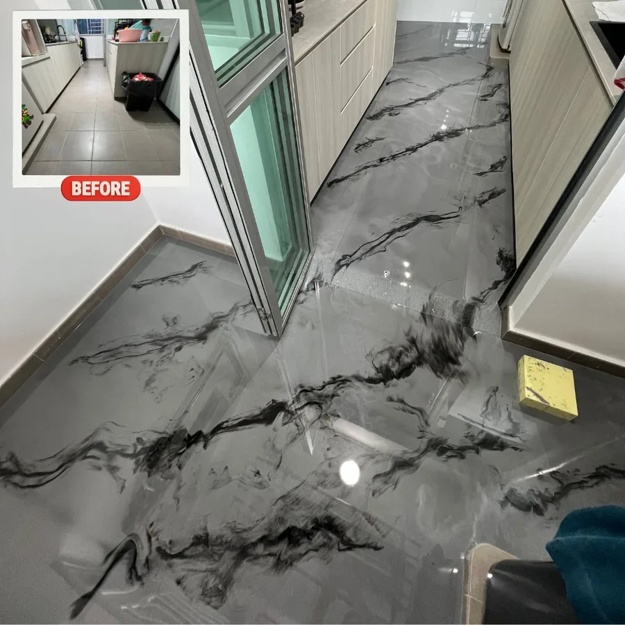Grey marble-effect metallic epoxy floor installed by City Painters in a Singapore bathroom, with the old tiled floor shown before