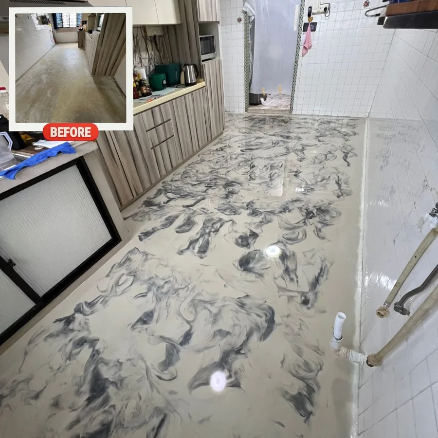 White and grey marble-effect metallic epoxy floor across a Singapore kitchen