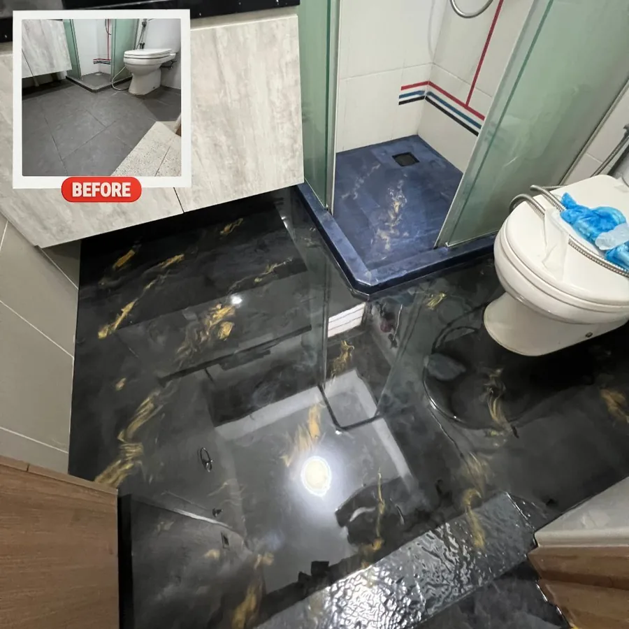 Black and gold metallic epoxy floor coated over an existing HDB toilet floor