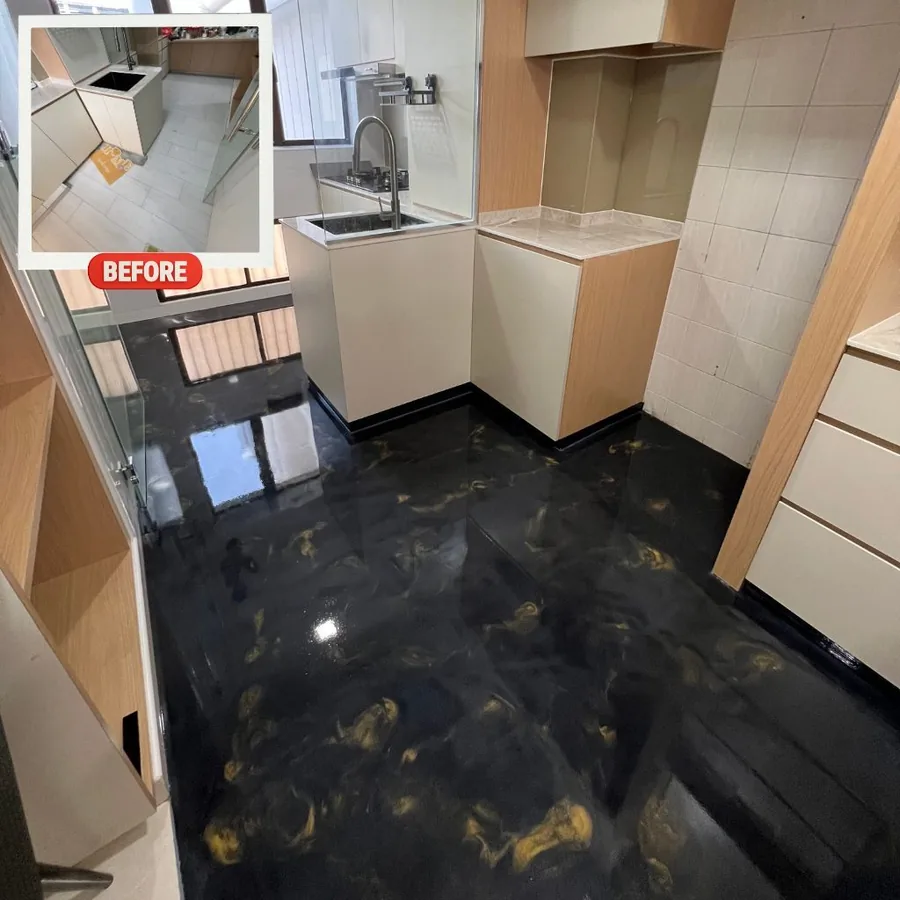 Black and gold metallic epoxy floor in a Singapore HDB kitchen