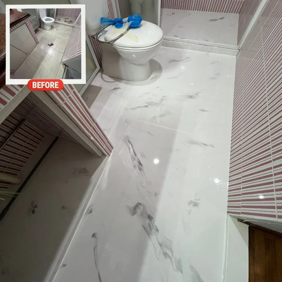 White marble-effect metallic epoxy floor with a timber vanity in a Singapore bathroom