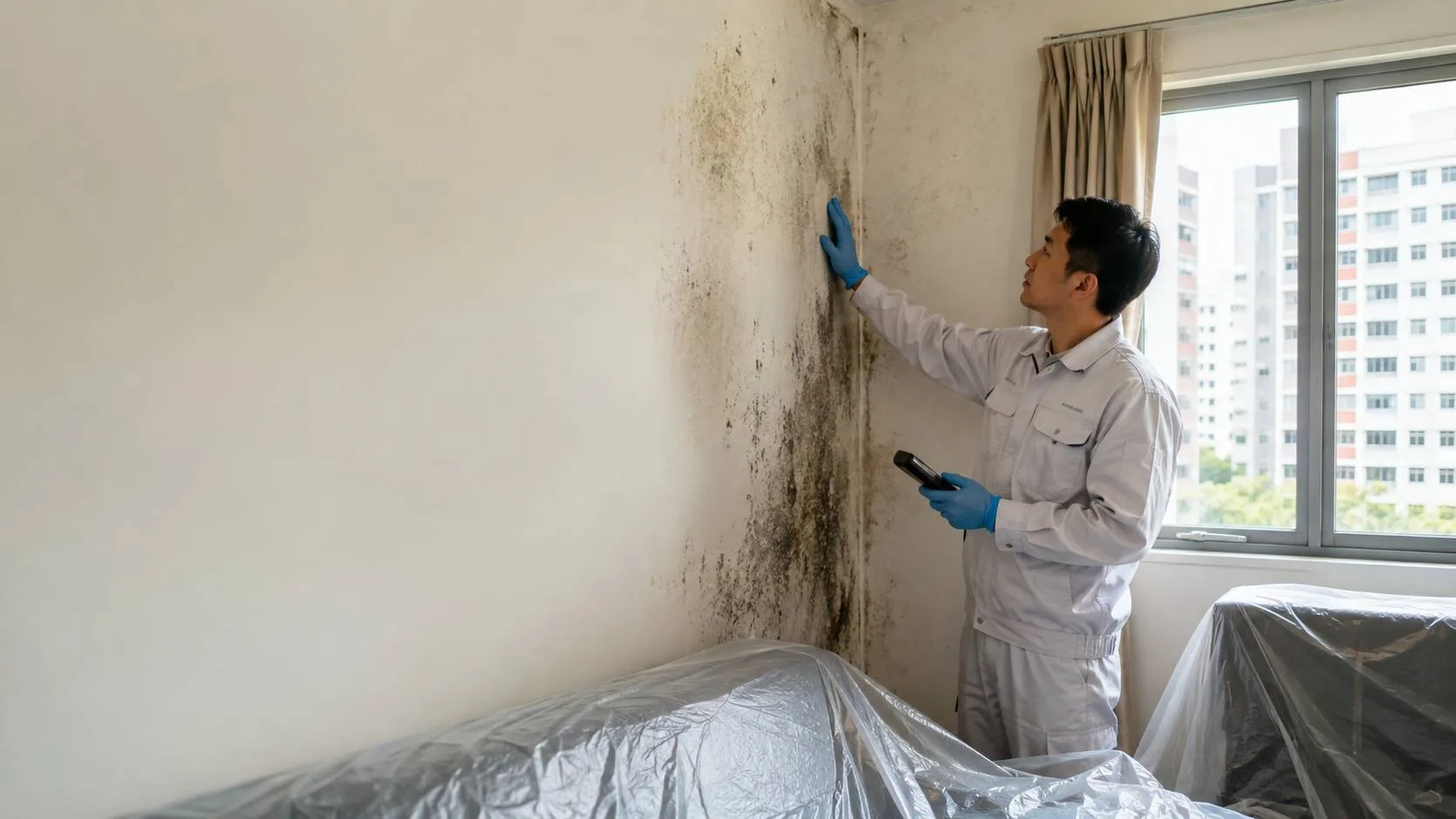 Specialist inspecting a mould-affected bedroom wall in a Singapore HDB flat