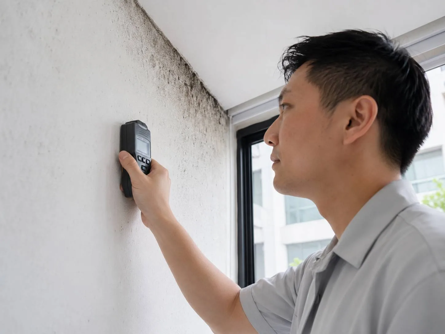 Specialist reading a moisture meter on a mould-speckled wall in Singapore