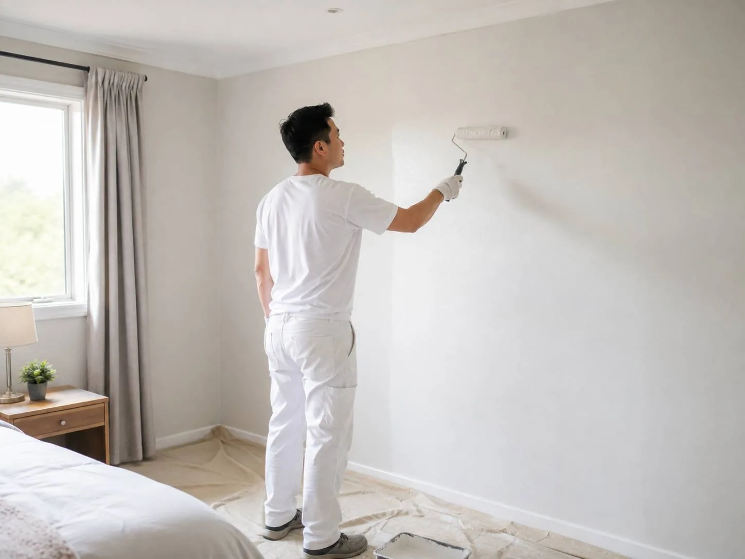 Painter applying the finishing anti-mould coat in a clean Singapore bedroom