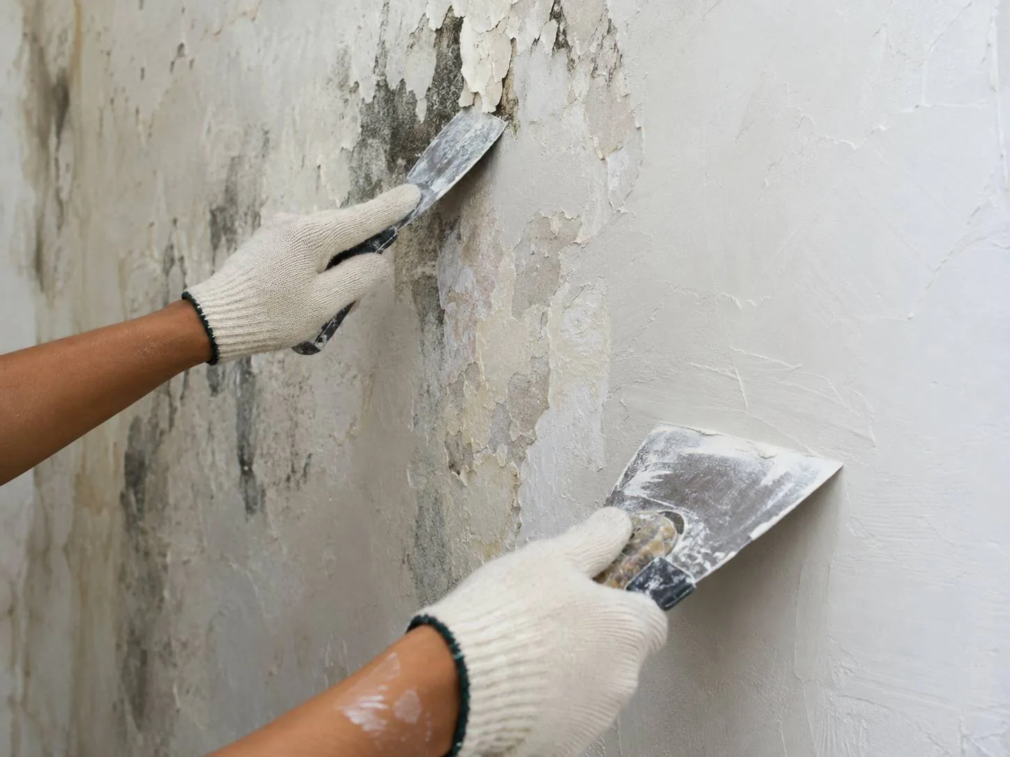 Flaking mould-damaged paint being stripped back and the plaster filled smooth