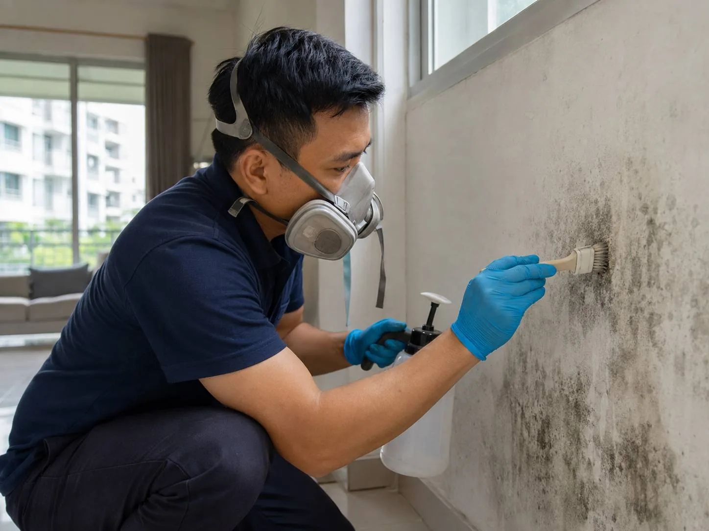 Technician in respirator applying fungicidal wash to a mould-affected wall