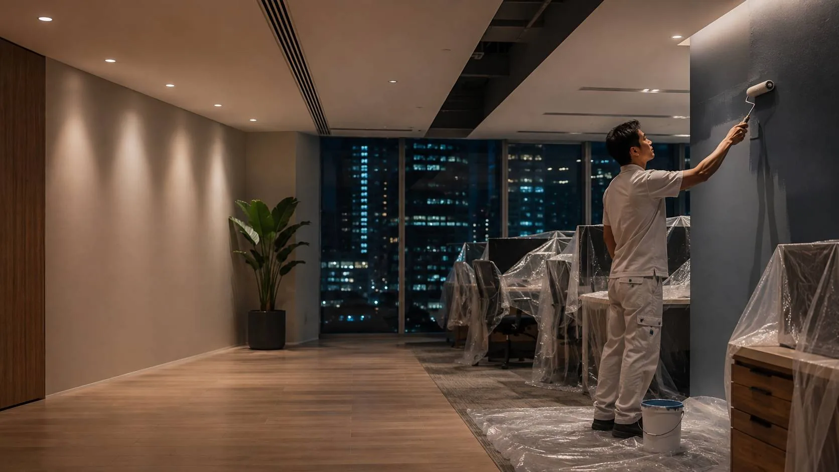 Painter rolling fresh paint in a Singapore office at night with protected workstations