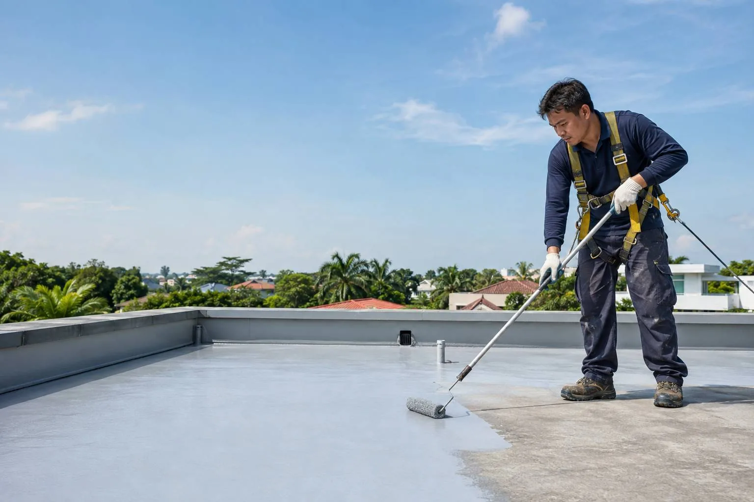 Painter in a safety harness roller-coating a flat concrete roof in a Singapore landed neighbourhood