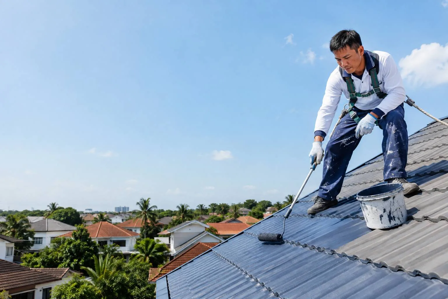 Harnessed painter roller-coating a pitched tiled roof on a Singapore landed home
