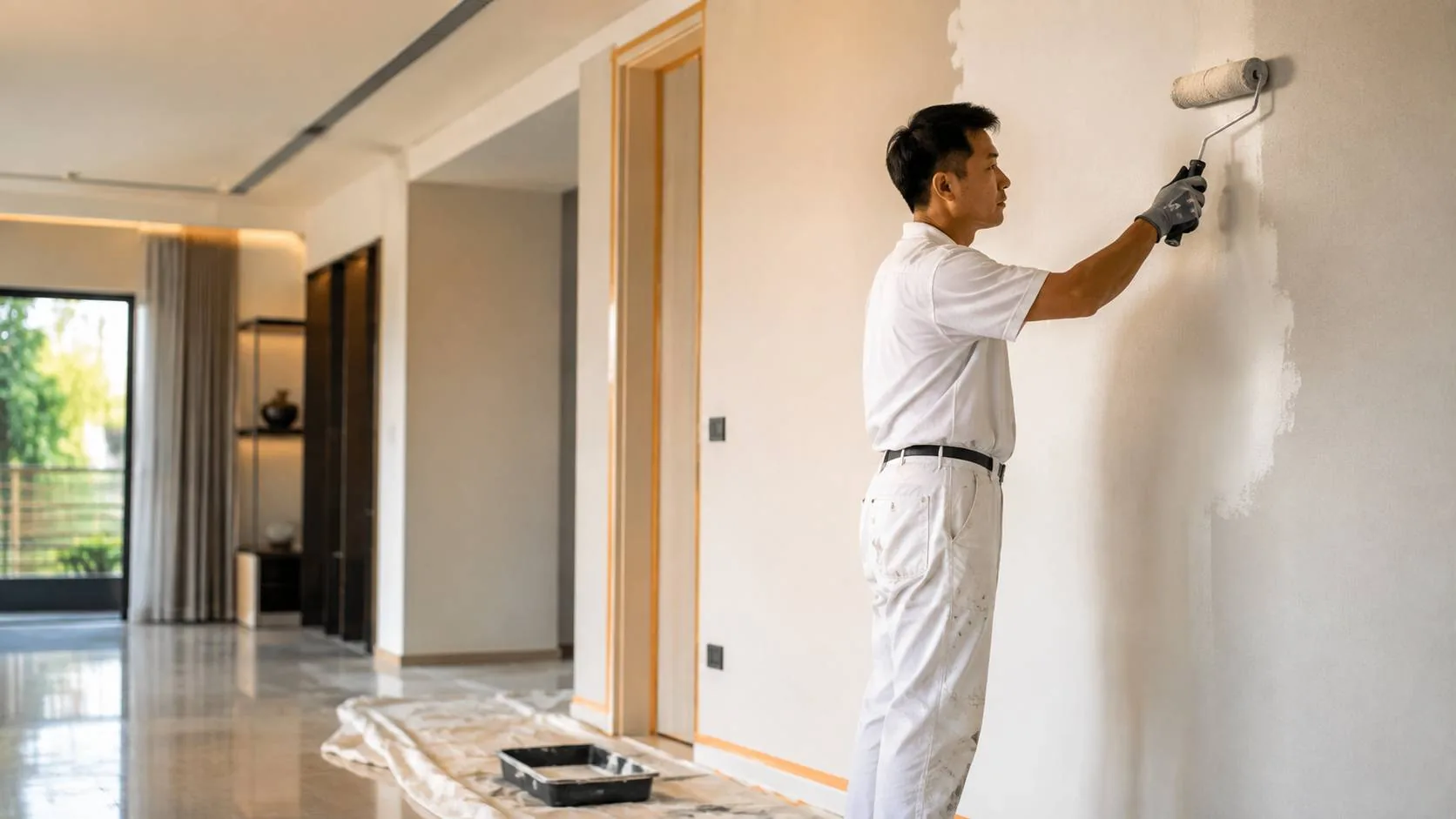 Professional Singaporean painter rolling fresh paint in a premium home interior