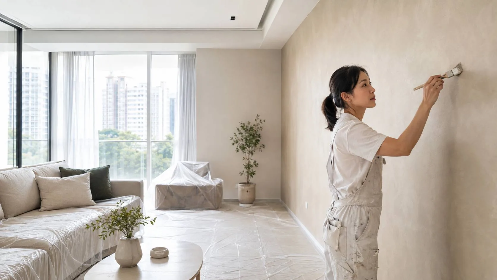 Painter applying a limewash feature wall in a Singapore condo, HDB blocks beyond
