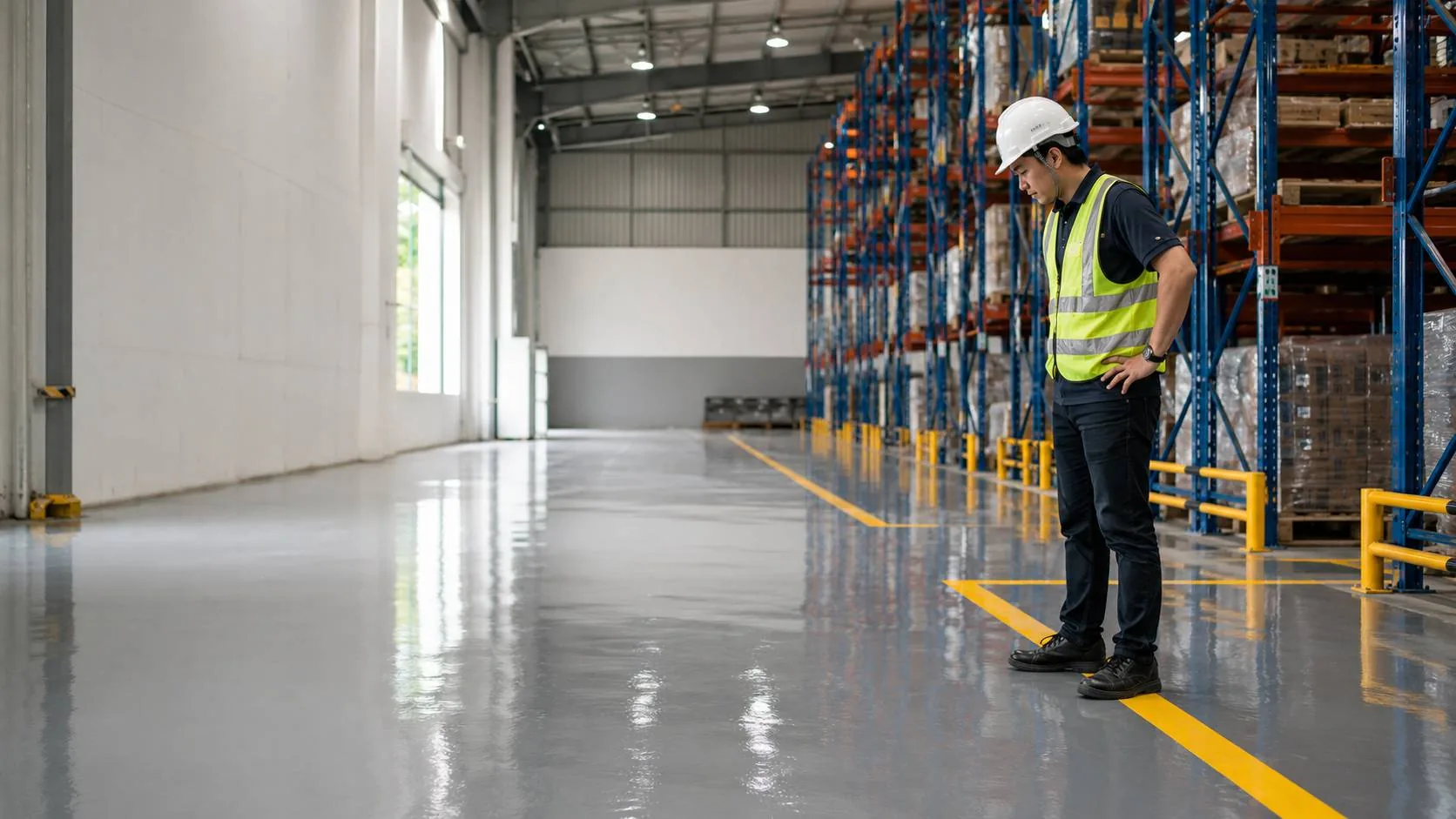 Worker inspecting a fresh epoxy floor with line markings in a Singapore warehouse