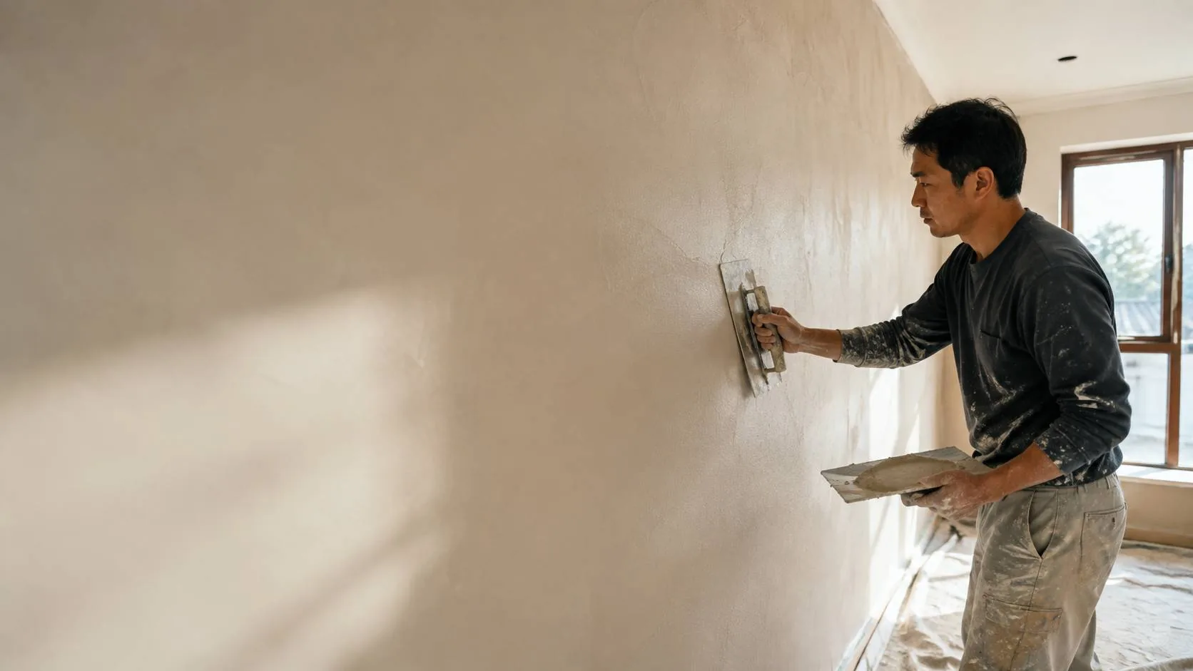 Plasterer skim-coating a wall to a smooth level finish in Singapore