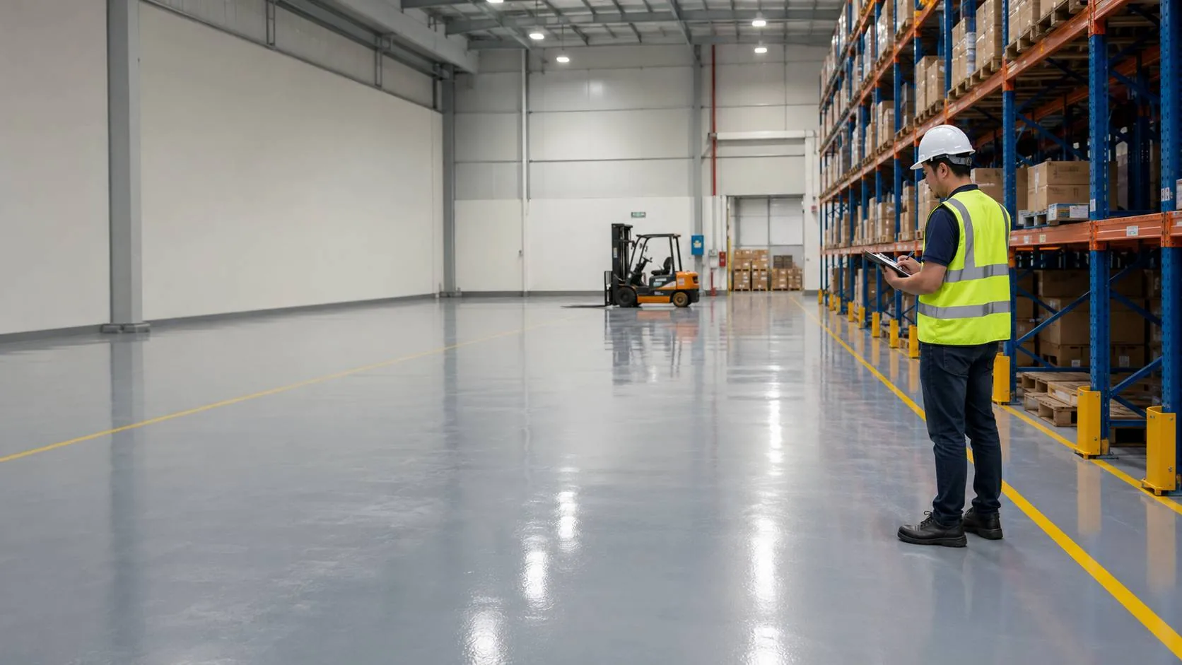 Worker on a fresh epoxy warehouse floor with yellow line markings and racking
